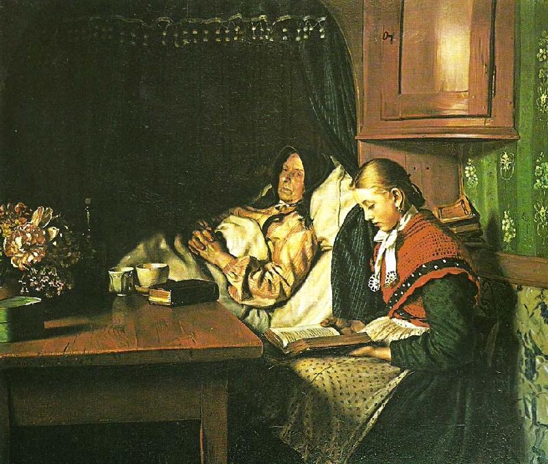Michael Ancher ved en sygeseng, en ung pige lceser for den gamle kone i alkoven oil painting image